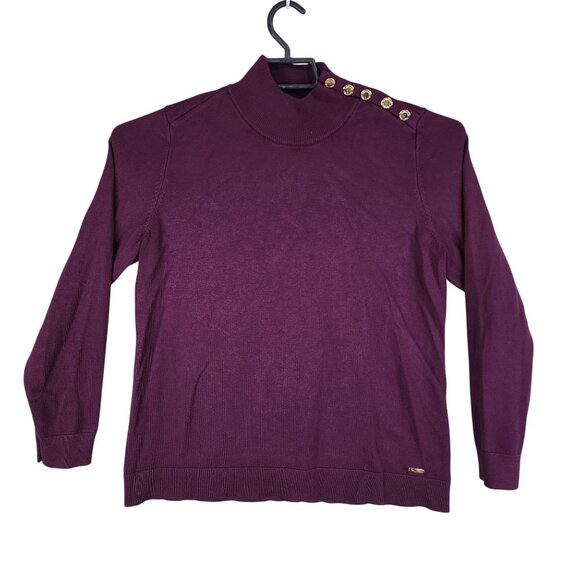 Womens Burgundy Calvin Klein Sweater Mock Neck Long Sleeve Button Detail Size L - Picture 1 of 13